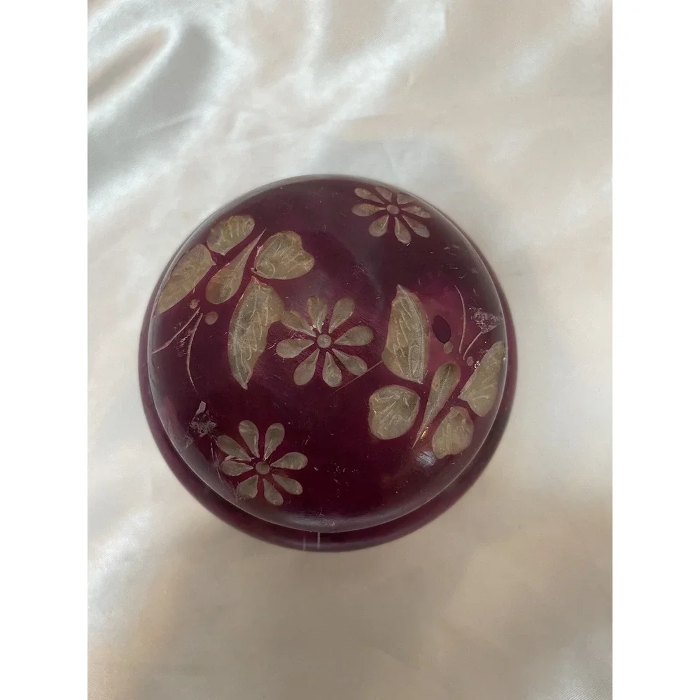 Hand Carved Purple Plum Trinket Box w/Flowers & Butterflies Soap Stone W/ Lid